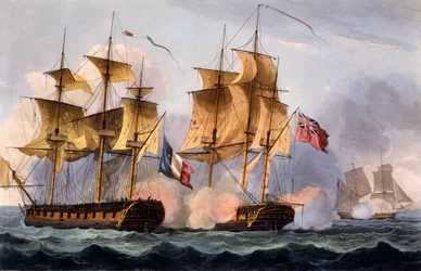 1817年に最初に出版されたジェームスジェンキンスによる「イギリスの海軍の功績、1793年から1817年まで」から、トーマスサザーランドによって作成されたプリント「ルデジウスの捕獲」（手描きのアクアチント）